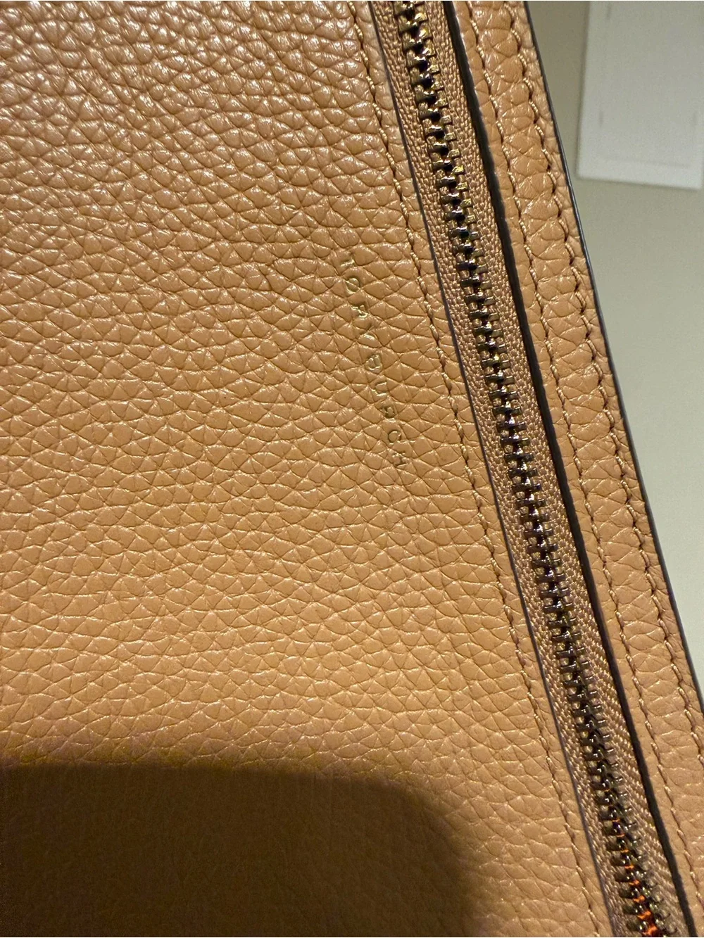 Tory Burch Pebbled Leather Zip Wallet - Camel Brown with Gold Hardware